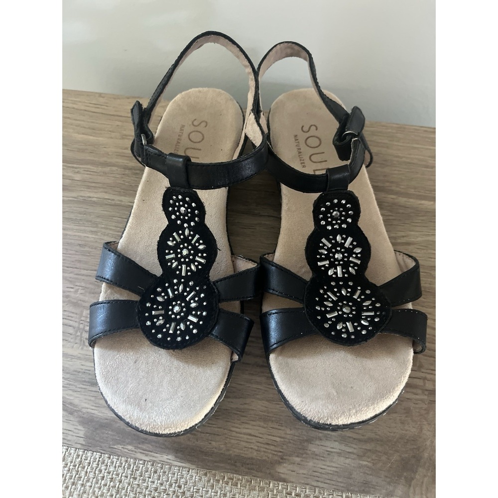 Natural Soul Belle Womens Size 9 Black Leather Boho Festival Sandals Shoes W1